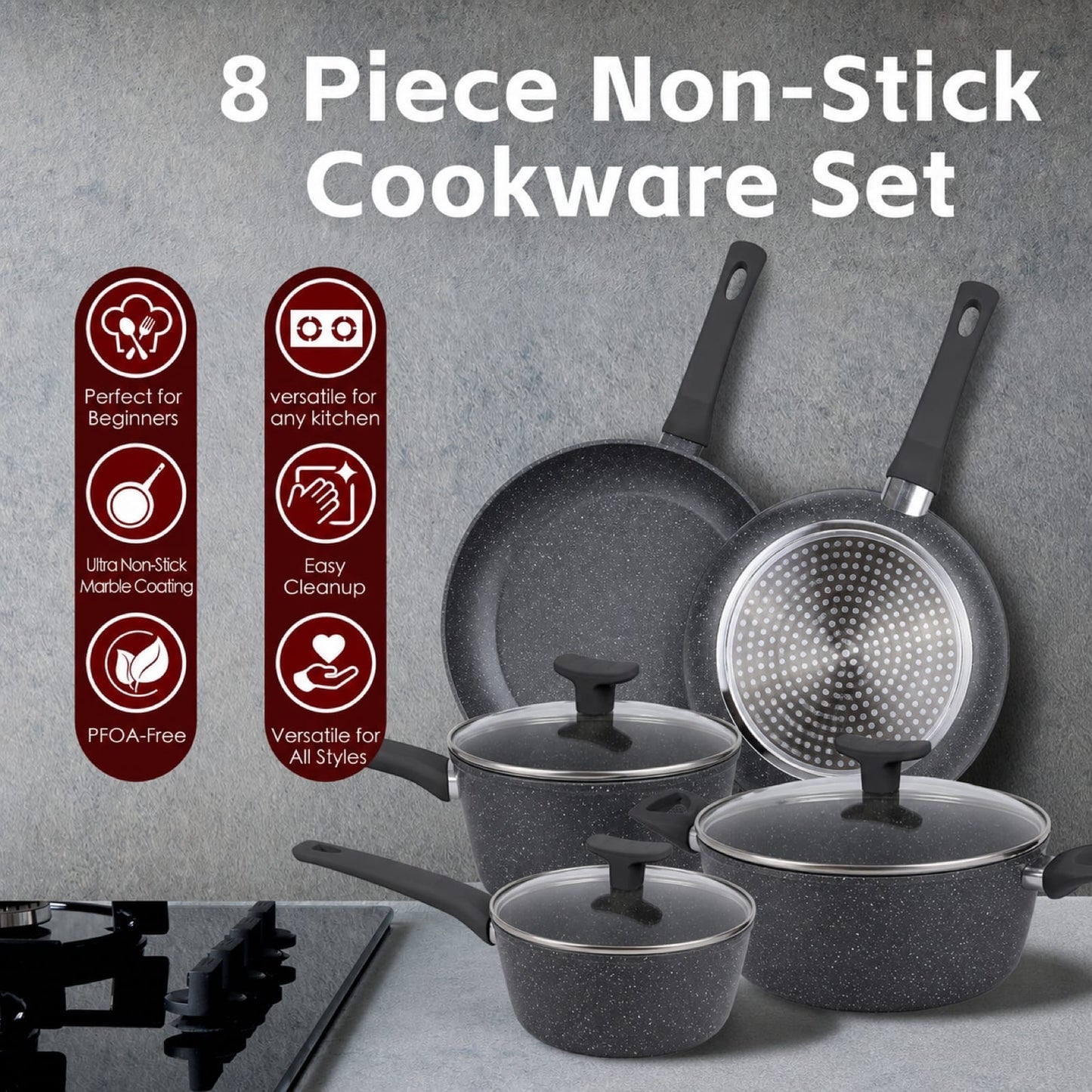 Clevinger Kitchen 8 Pcs Clevinger Non-Stick Cookware Set
