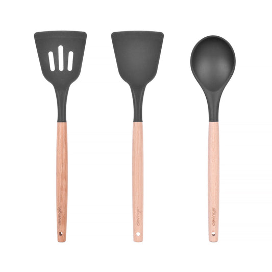 Clevinger Kitchen Beechwood & Silicone Kitchen Cooking Utensils Set - Turner/Spoon/Slotted Turner  - Charcoal