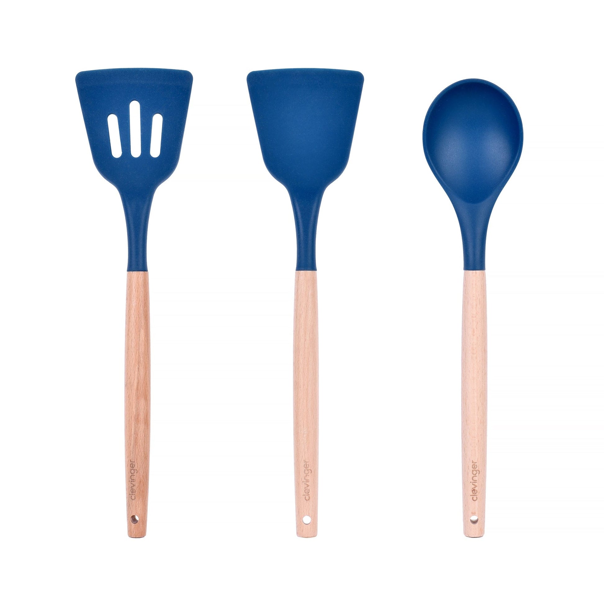 Clevinger Kitchen Beechwood & Silicone Kitchen Cooking Utensils Set - Turner/Spoon/Slotted Turner  - Navy