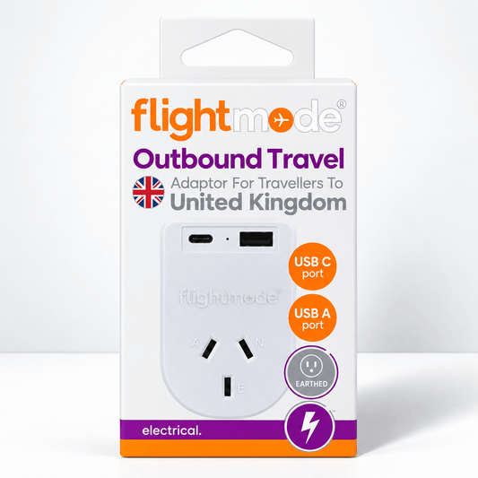 Flightmode travel adptor Flightmode Outbound AU/NZ to UK/HONG KONG Travel Adaptor with USB Type C & A