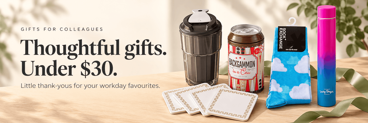 Gifts for colleagues under $30: coffee cup, gold-border coasters, novelty socks, backgammon tin and slimline drink bottle