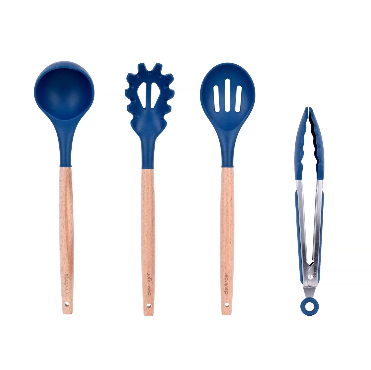 Clevinger Kitchen Beechwood & Silicone Kitchen Serving Utensils Set - Ladle/Pasta Server/Tongs/Slotted Spoon - Navy