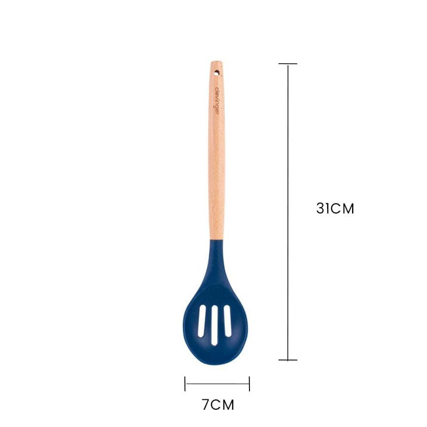 Clevinger Kitchen Beechwood & Silicone Kitchen Serving Utensils Set - Ladle/Pasta Server/Tongs/Slotted Spoon - Navy