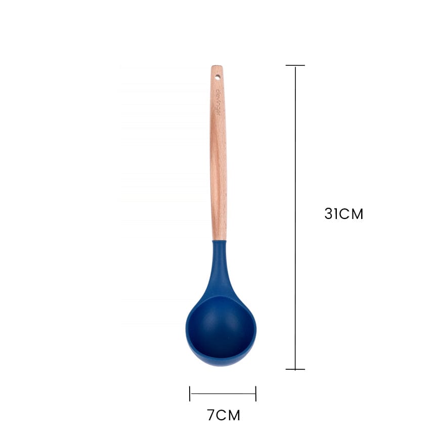 Clevinger Kitchen Beechwood & Silicone Kitchen Serving Utensils Set - Ladle/Pasta Server/Tongs/Slotted Spoon - Navy