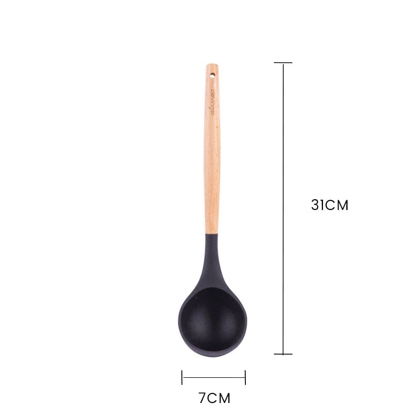 Clevinger Kitchen Beechwood & Silicone Kitchen Serving Utensils Set - Ladle/Pasta Server/Tongs/Slotted Spoon - Charcoal