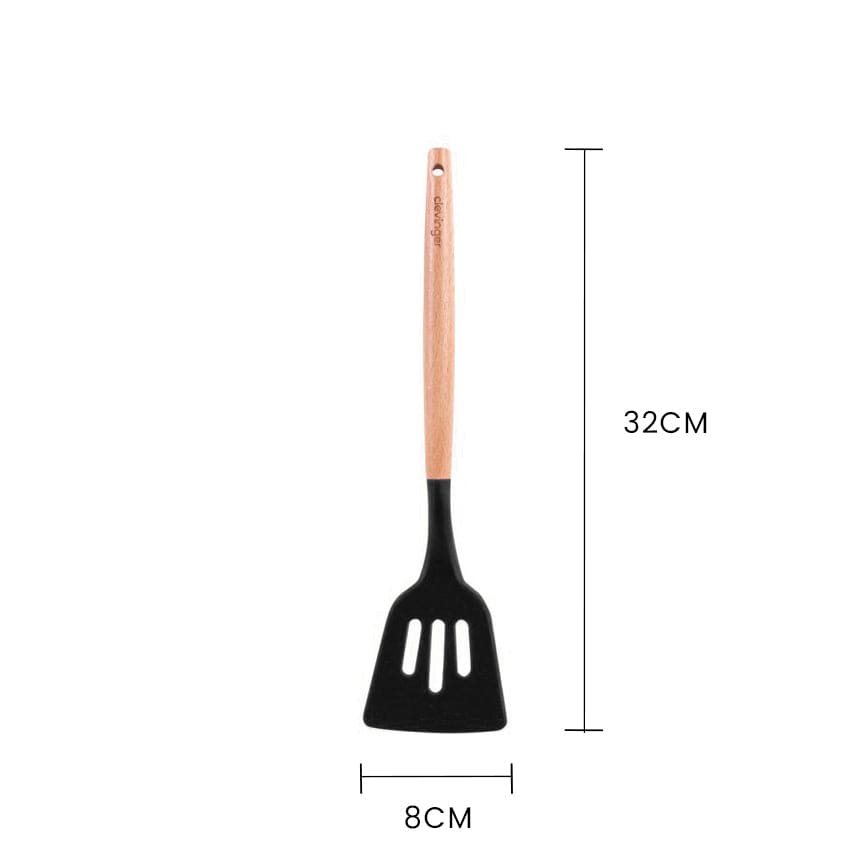 Clevinger Kitchen Beechwood & Silicone Kitchen Cooking Utensils Set - Turner/Spoon/Slotted Turner  - Charcoal