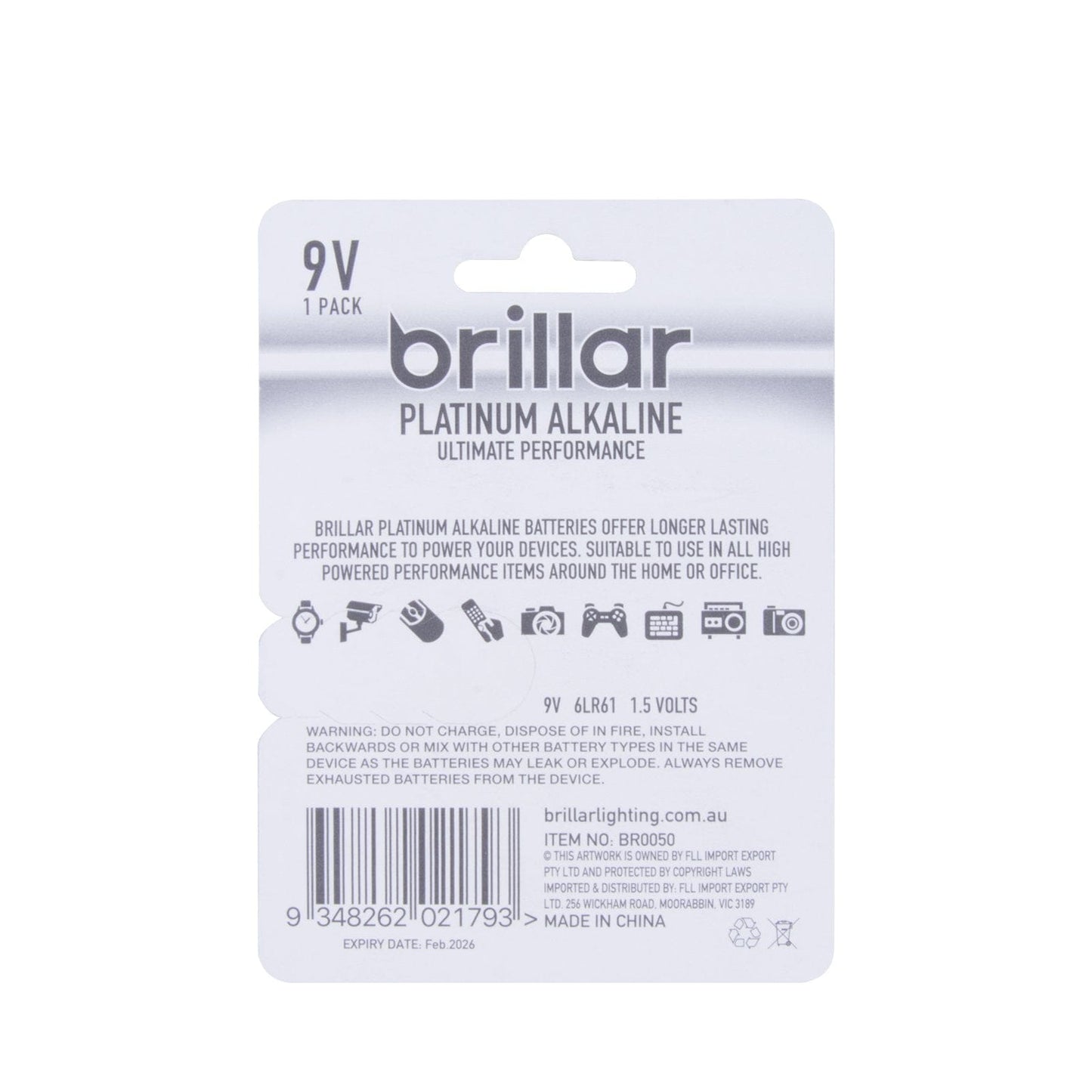 Brillar Brillar 9V Platinum Alkaline Battery 2 Pack