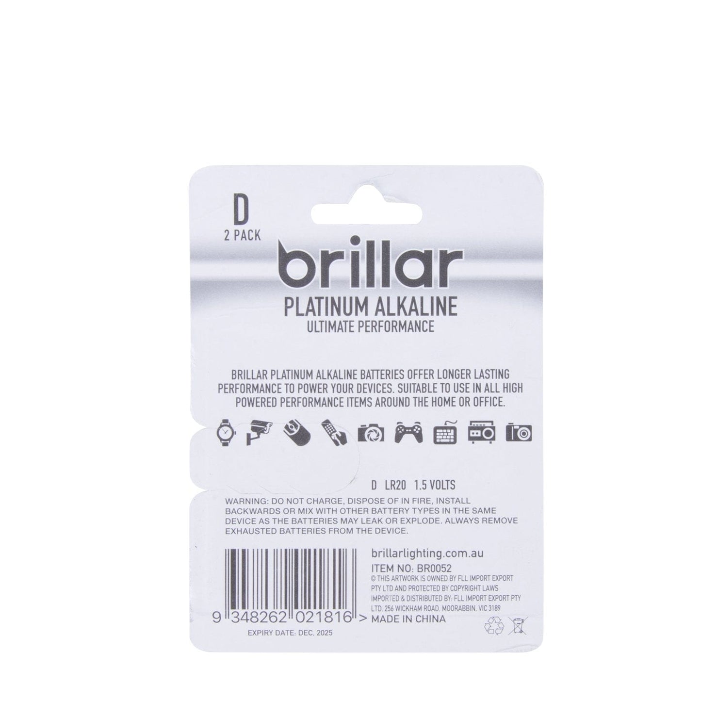 Brillar General Purpose Batteries Brillar D Platinum Alkaline Batteries 2pk