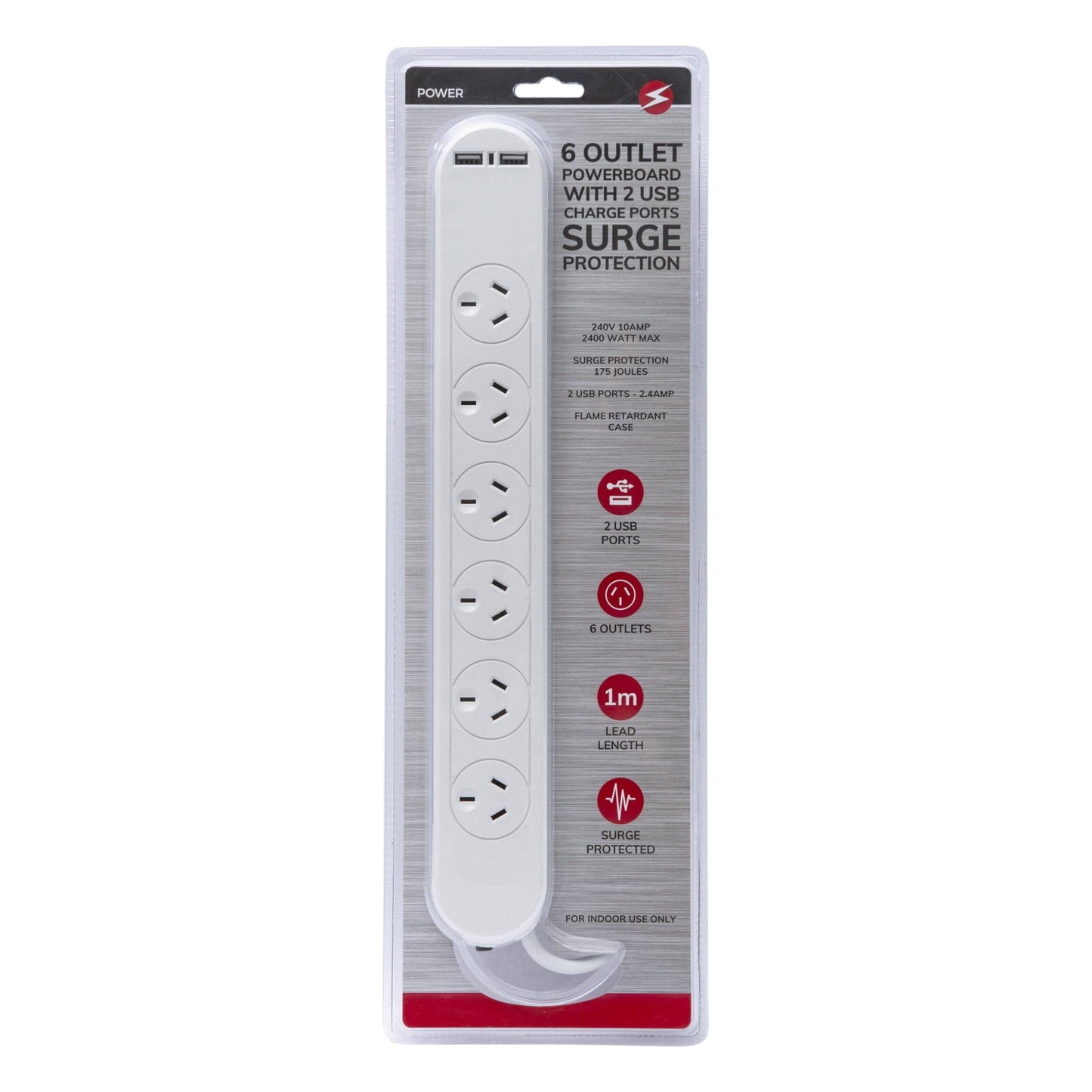 Living Today Electrical 6 Outlet Powerboard With Surge Protection and Dual USB Charger